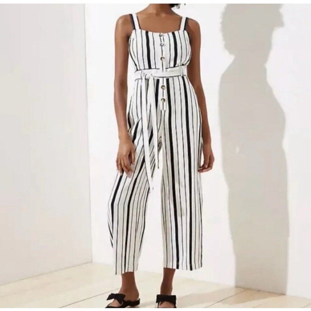 LOFT Women’s Size 6 Black Striped Jumpsuit Linen Blend Belted Button Front Chic